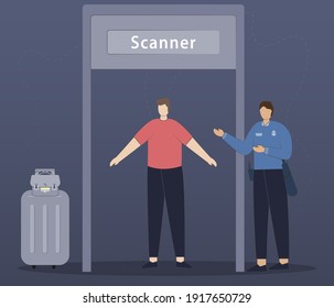 Passenger passing through the metal scanner. Vector character illustration of people at the airport scene, airline travel, vacation, business trip. Flat design style.