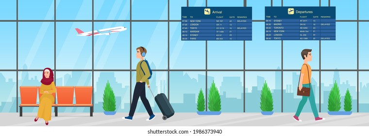 Passenger people with luggage waiting for airplane flight in airport departure room interior vector illustration. Cartoon young muslim woman character in hijab sitting in chair, man walking background