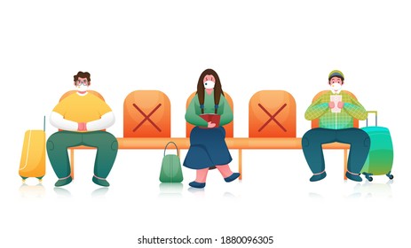 Passenger or People wearing Medical Mask Sitting on Seat with Maintaining Social Distance on White Background.