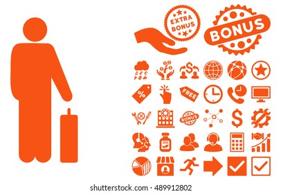Passenger pictograph with bonus elements. Vector illustration style is flat iconic symbols, orange color, white background.