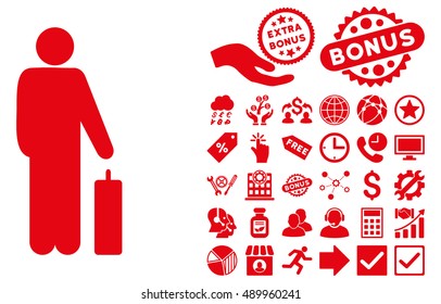 Passenger pictograph with bonus pictures. Vector illustration style is flat iconic symbols, red color, white background.