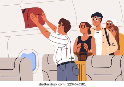 Pasajero colocando el equipaje de mano, la bolsa sobre el compartimiento de carga en el avión. Gente furiosa esperando en el pasillo del avión mientras un hombre pone equipaje de mano en una estantería, armario de aviones. Ilustración vectorial plana