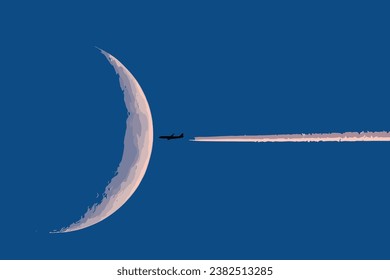 Passenger plane - airliner passes near the moon. Explore new frontier. Space traveler concept. Plane flies pass over the moon on blue sky airplane trail. 3d vector illustration