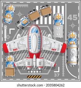 Passenger plane at the airport. View from above. Vector illustration.