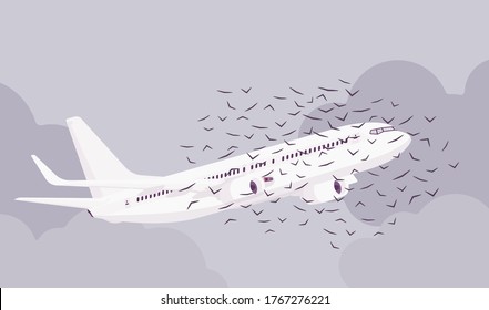 Passenger Plane Bird Flock Strike, Ingestion And Civil Aircraft Engine Hit Accident, Collision Causing Vehicle Sky Travel Jet Damage Or Flight Safety Threat. Vector Flat Style Cartoon Illustration