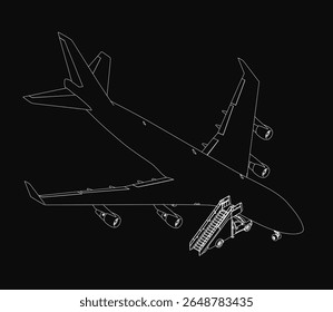 A passenger plane in black and white illustration, outlined in white against a dark background. The stark contrast highlights the aircraft's sleek design and wingspan.