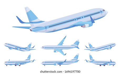 Passenger plane blue stripe set, airline aircraft for passengers. Airport business vehicle sky travel jet and holiday aviation tourism. Vector flat style cartoon illustration, different views