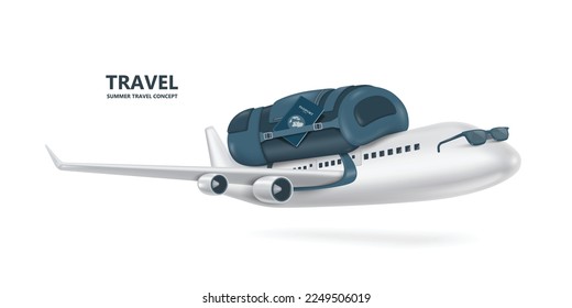 A passenger plane carrying a backpack on its back with a passport tucked next to it is taking off for an international travel,vector 3d isolated on white background for travel advertising design