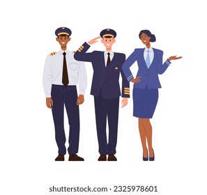 Passenger plane crew character, pilot commander, flight attendant and steward airliner crew