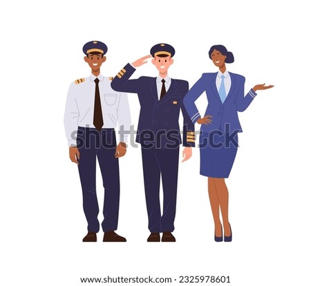 Passenger plane crew character, pilot commander, flight attendant and steward airliner crew