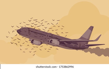 Passenger plane in danger with bird flock strike attack, civil aircraft burning engine hit accident, collision, vehicle sky travel jet damage or flight threat. Vector flat style cartoon illustration