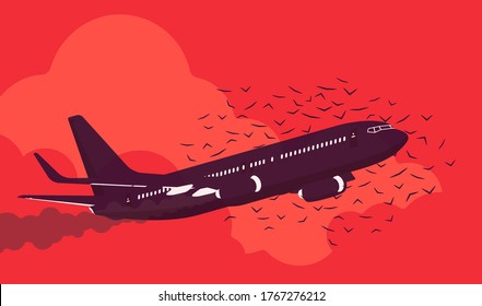 Passenger Plane In Danger With Bird Flock Strike Attack, Civil Aircraft Burning Engine Hit Accident, Collision, Vehicle Sky Travel Jet Damage Or Flight Threat. Vector Flat Style Cartoon Illustration