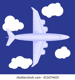 Passenger plane in the dark blue background with clouds, view from above