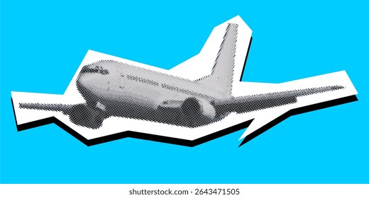 Passenger plane dotted collage element in torn paper vector with pointillism. A unique, artistic take for travel themes, aviation, global connection, or creative transport designs.