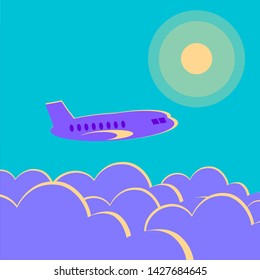 A passenger plane flies above the clouds in the sun