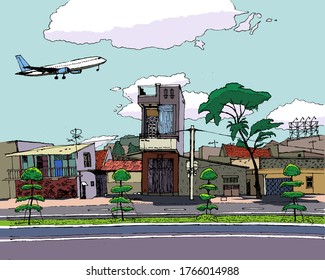 passenger plane flies over the city, schedule, sketch, east, Nha Trang, street full color