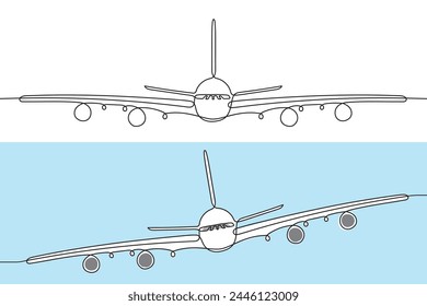 Ein Passagierflugzeug fliegt am Himmel. Eine Strichzeichnung. Durchgehende Linie ohne Unterbrechung.