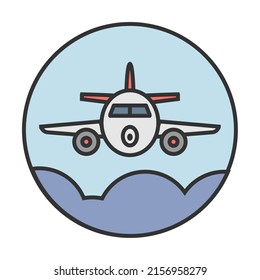 Passenger plane in flight above the clouds. Line icon