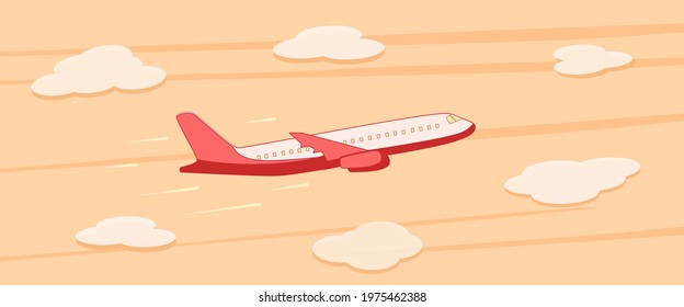 Passenger plane in flight on the background of the sunset, the sky with clouds. Vector illustration of an airplane