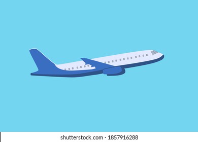 Passenger plane in flight on a blue background. Vector illustration of an airplane.