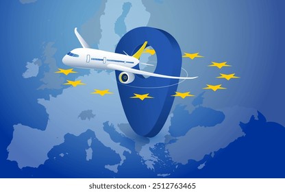 Avión de pasajeros vuela alrededor de la bandera de la Unión Europea y geolocalización del punto del mapa. Concepto turismo, entrega de vuelos, aviación civil, viajes en Europa