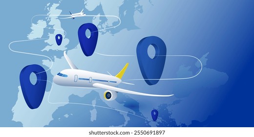 Passenger plane fly around EU Europe  map point geolocation, tracking to different countries. Concept tourism, flight delivery, civil aviation, travel in Europe