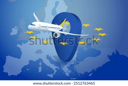 Passenger plane fly around EU Europe Union flag and map point geolocation. Concept tourism, flight delivery, civil aviation, travel in Europe