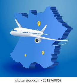 Passenger plane fly around map of France point geolocation. French concept tourism, flight delivery, civil aviation, travel in Europe