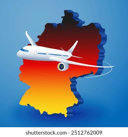 Passenger plane fly around map of Germany point geolocation. German concept tourism, flight delivery, civil aviation, travel in Europe