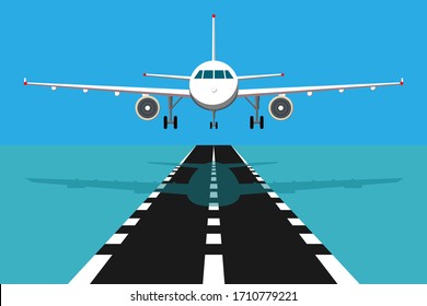 passenger plane fly up over take-off runway from airport at sunset. Vector flat design illustration.