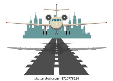 Passagierflugzeug fliegt bei Sonnenuntergang über die Startbahn vom Flughafen aus. Vektorillustration Flach Design Illustration.