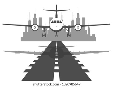 Passenger plane fly up over take-off runway from airport at sunset. Vector flat design illustration.