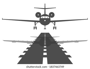 Passenger plane fly up over take-off runway from airport. Vector flat design illustration.