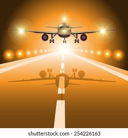 Passenger plane fly up over take-off runway from airport at night. Vector illustration