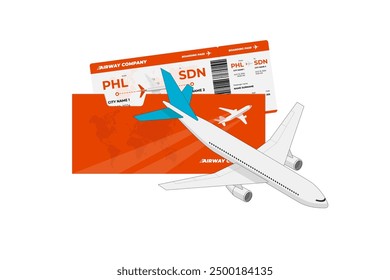 Passenger plane flying above airplane red ticket. Air travel boarding pass sign concept. Flight tourism journey booking icon. Airways company document isolated symbol