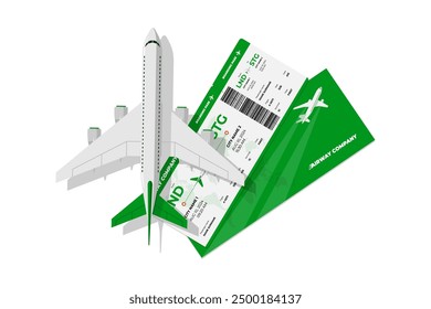 Passenger plane flying above airplane green ticket. Air travel boarding pass sign concept. Flight tourism journey booking icon. Airways company document isolated eps symbol