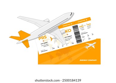 Passenger plane flying above airplane yellow ticket. Air travel boarding pass sign concept. Flight tourism journey booking icon. Airways company document isolated eps symbol