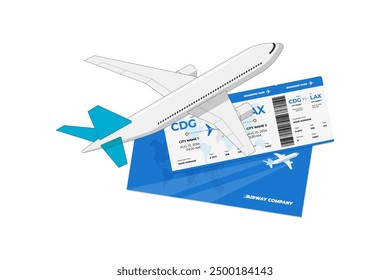 Passenger plane flying above airplane blue ticket. Air travel boarding pass sign concept. Flight tourism journey booking icon. Airways company document isolated eps symbol