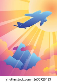 Passenger plane flying above the clouds against the evening sun, mountain landscape below. Flat illustration