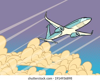 passenger plane flying in the clouds. Cartoon comic book pop art illustration drawing