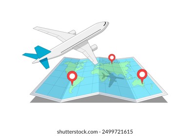 Passenger plane flying from one location to another destination pin above folded world map. Airline travel and long haul flight isometric sign concept. Airplane tourism journey isolated eps icon