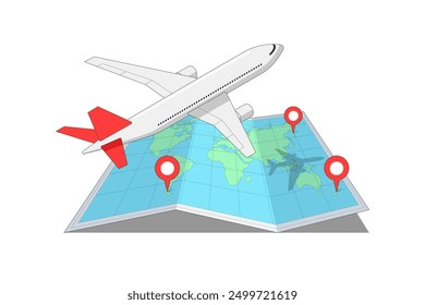 Passenger plane flying from one location to another destination pin above folded world map. Airway travel and long haul flight isometric sign concept. Airplane tourism journey isolated eps icon