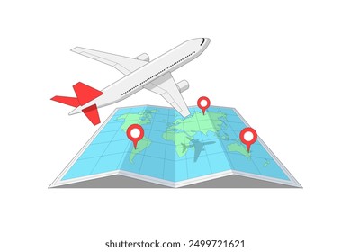 Passenger plane flying from one location to another destination pin above folded world map. Airline travel and long haul flight isometric sign concept. Business jet airplane tourism journey eps icon