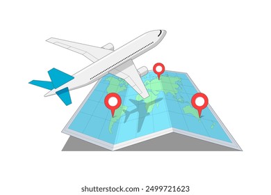 Passenger plane flying from one location to another destination pin above folded world map. Air travel and long haul flight isometric sign concept. Airplane tourism journey isolated eps icon