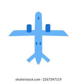 Passenger plane flying in the sky. Colorful vector isolated illustration hand drawn. Blue airplane. Air transportation, travel concept icon or sign. View from below