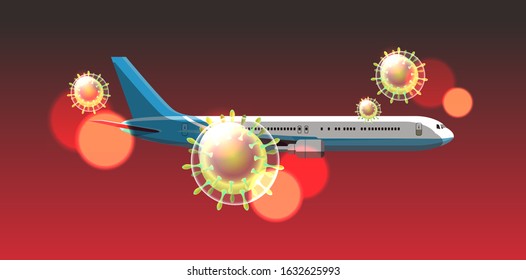 passenger plane flying in sky coronavirus cell 2019-nCoV flu outbreak china pathogen respiratory nCov pandemic wuhan virus medical health risk concept horizontal vector illustration