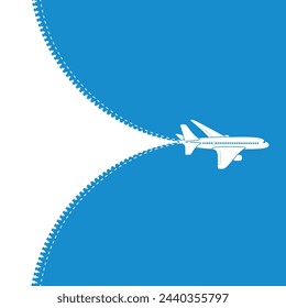 Passenger plane is flying in the sky with a zipper. Banner for text. Stock vector background