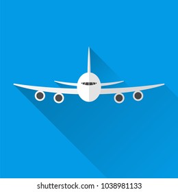 Passenger plane, front view, blue background, with shadow. Flat style. 10 eps