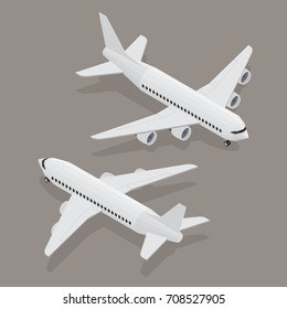 Passenger plane in isometric view. White flat airplane. 3D object for games and infographics. Vector illustration. Aircraft for travel and tourism.