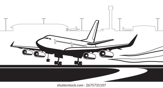 A passenger plane is landing at the airport – vector illustration